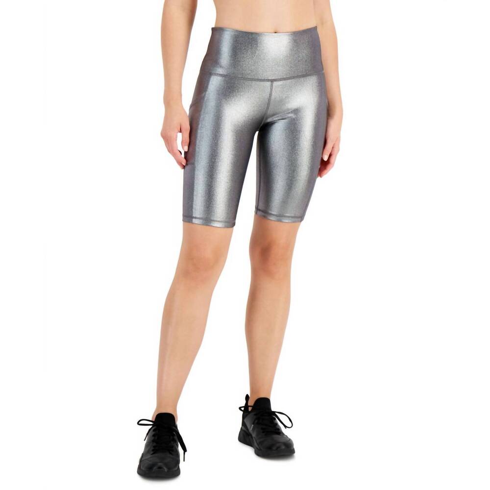 NEW IDEOLOGY women's activewear metallic bike shorts in liquid silver